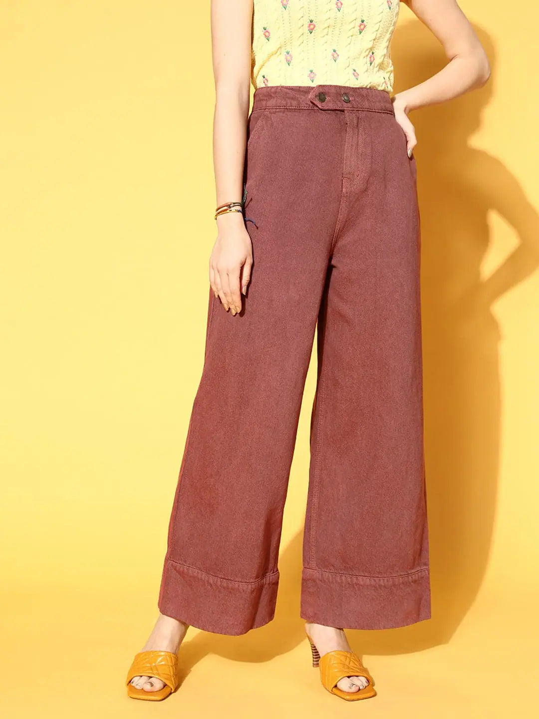 Women Burgundy Wide Leg Jeans Trendy Patchwork Denim Jeans