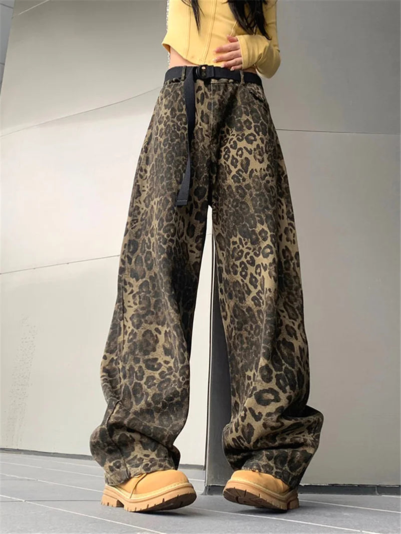 Women Fashion High Street Wide Leg Punk Leopard Jeans Streetwear Vintage Denim Pants Comfortable Stretch Denim Jeans Women Fashion High Street Wide Leg Punk Leopard Jeans Streetwear Vintage Denim Pants Comfortable Stretch Denim Jeans