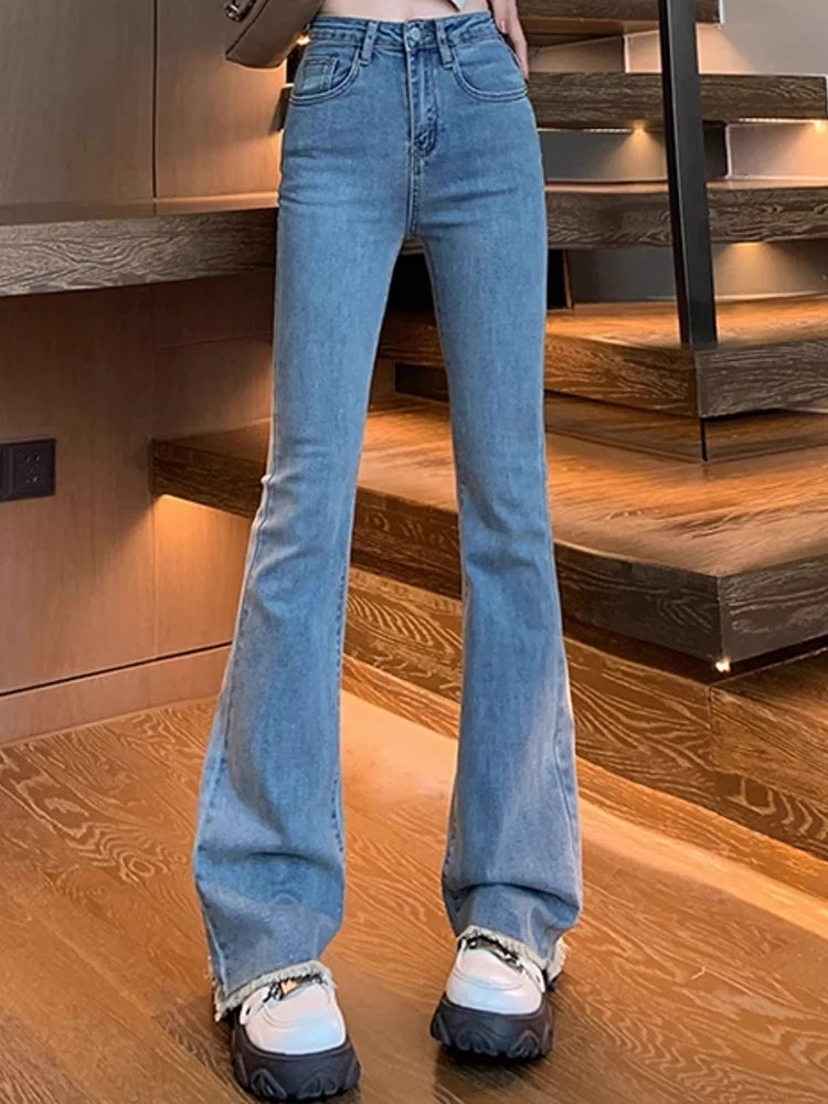 Women High Waist Designer Denim Bell Bottom Jeans Lady Trashy Y2k 2000s Flare Pants Comfortable Straight-Legged Denim