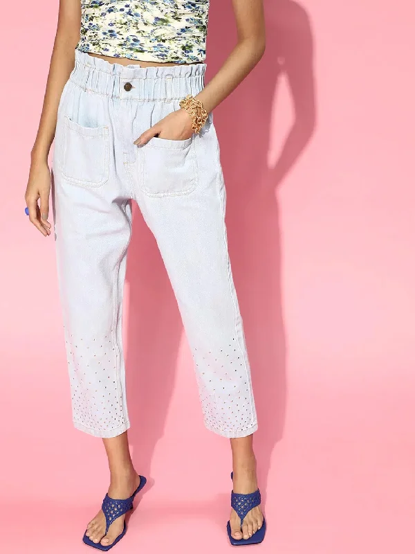 Women Ice Blue Studded PaperBag Waist Jeans Comfortable Drawstring Waist Jeans
