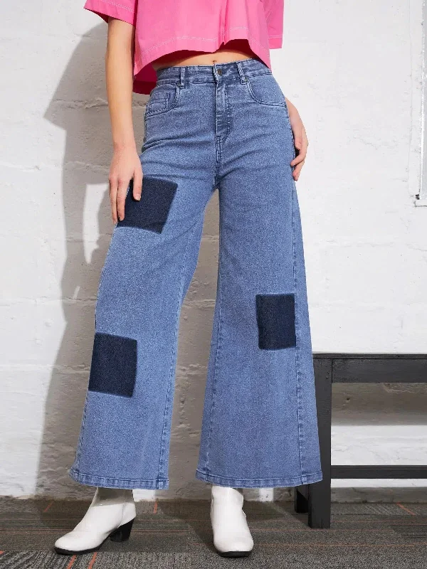 Women Light Blue Contrast Patch Wide Leg Jeans Chic Dark-Wash Skinny Jeans