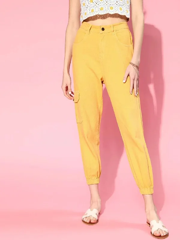 Women Mustard Side Pocket Street Jogger Jeans Stylish Plus Size Denim Jeans