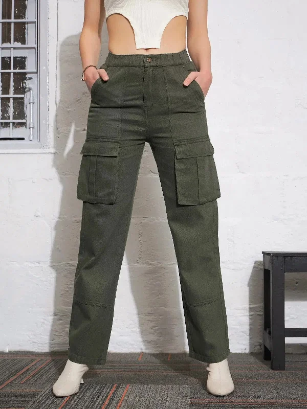 Women Olive Box Pocket Cargo Jeans Fashionable Straight Cut Jeans