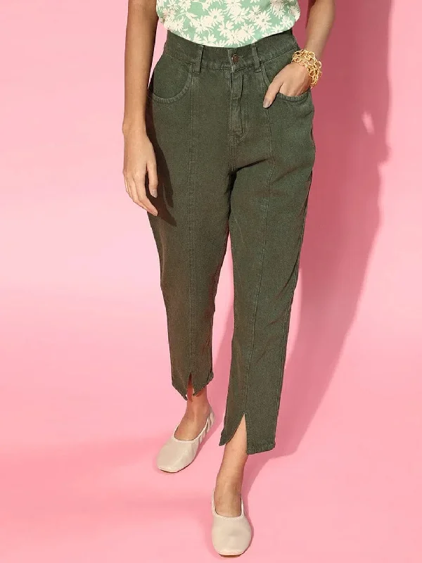 Women Olive Green Front Slit Jeans Casual Distressed Denim Jeans