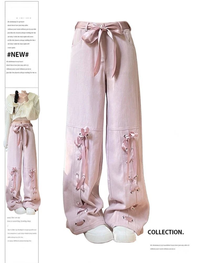 Women Pink Y2k Baggy Jeans Bandage Lace-up Denim Trousers Korean Oversize Jean Elegant High-Waisted Flared Jeans Women Pink Y2k Baggy Jeans Bandage Lace-up Denim Trousers Korean Oversize Jean Elegant High-Waisted Flared Jeans