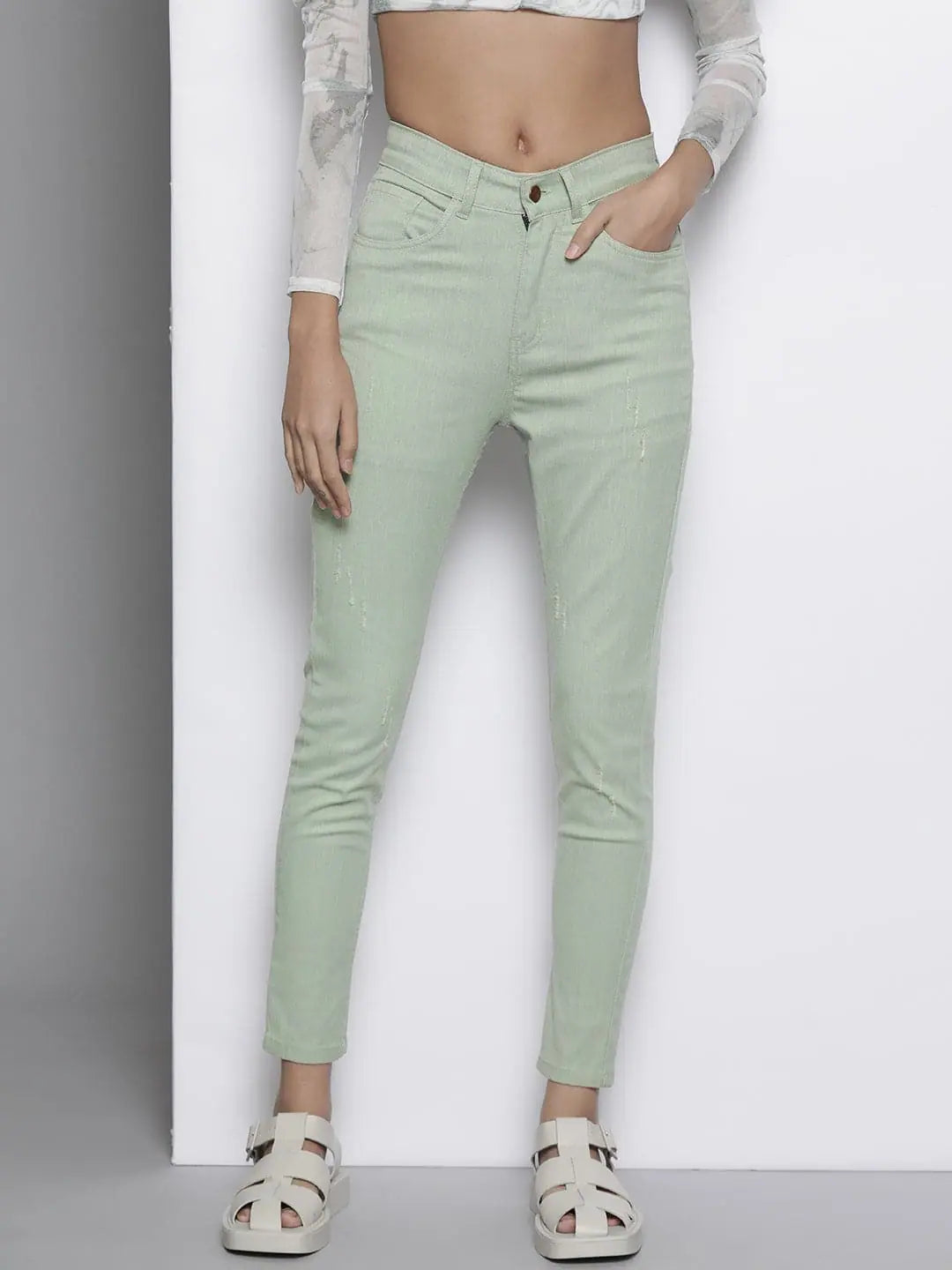 Women Safari Green Stretchable Twill Skinny Jeans Elegant Dark-Wash Bootcut Jeans