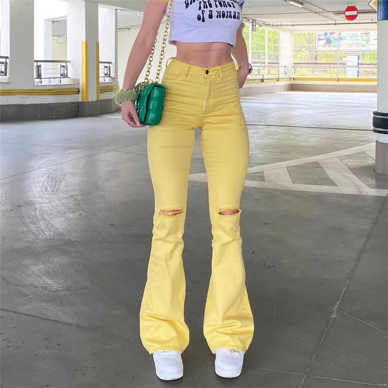 Women Stretch Flare Yellow Ripped Jeans Lady Vintage Y2K Punk High Waist Denim Pants Fashionable Jeggings Style Jeans