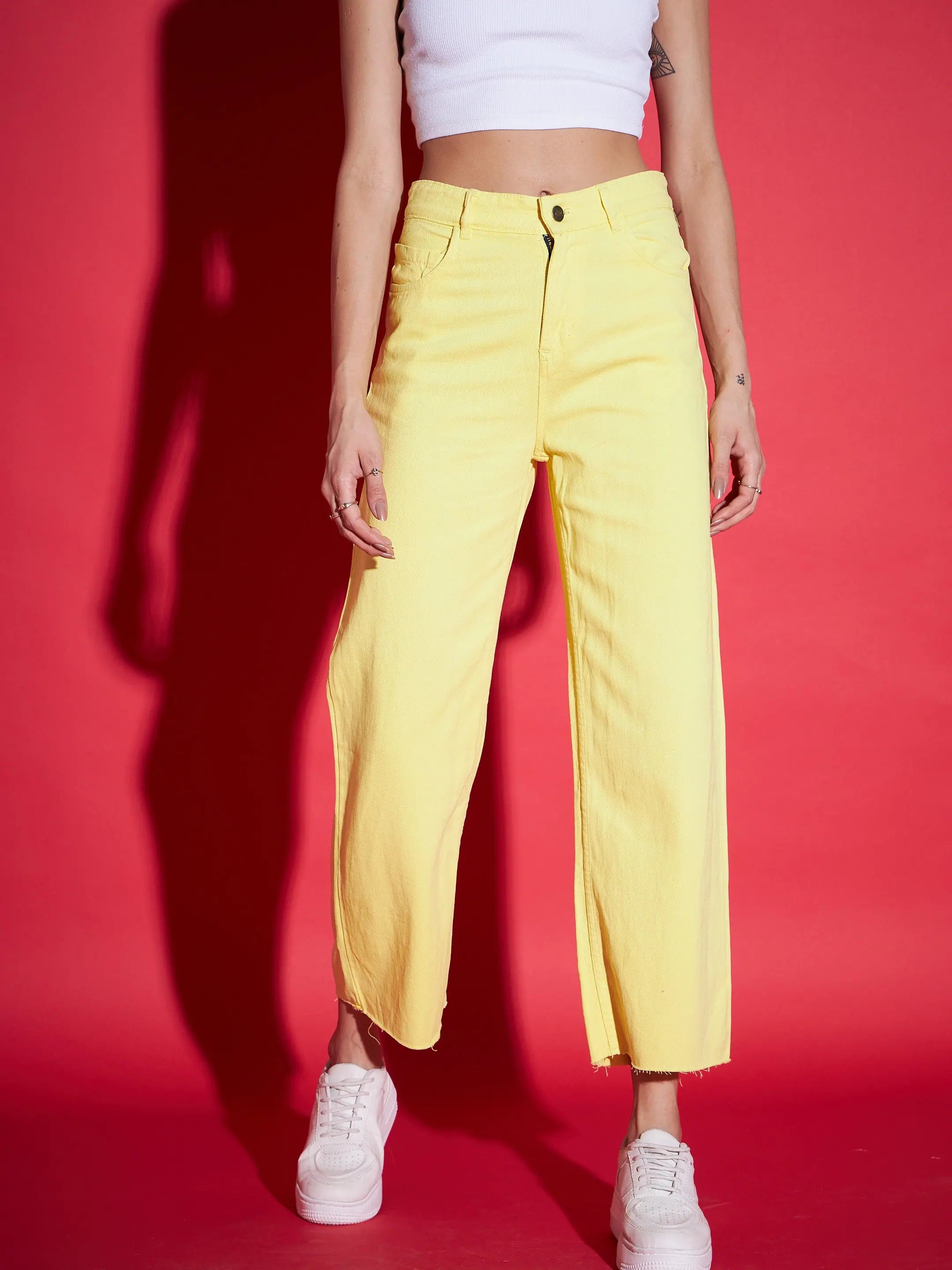 Women Yellow Raw Edge Jeans Casual Loose Fit Jeans