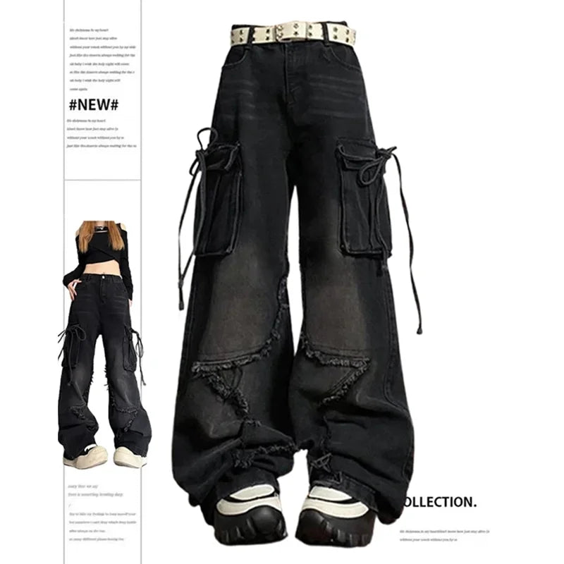 Women's Black Gothic Baggy Sense of Design Cargo Jeans Harajuku Y2k Aesthetic Jeans Chic Dark-Wash Skinny Jeans