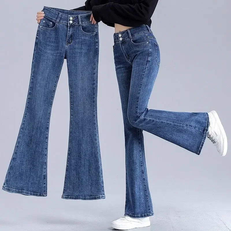 Womens Jeans Blue Flare Trousers High Waist Shot Pants for Women Trendy Skinny Fit Jeans