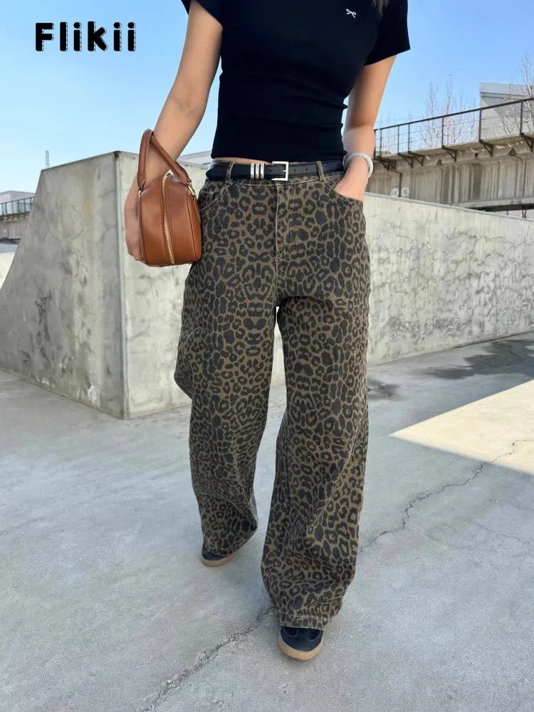 Women's Vintage Casual Leopard Print Pants Female High Street Retro High Waist Jeans Trendy Low-Rise Bootcut Jeans Women's Vintage Casual Leopard Print Pants Female High Street Retro High Waist Jeans Trendy Low-Rise Bootcut Jeans