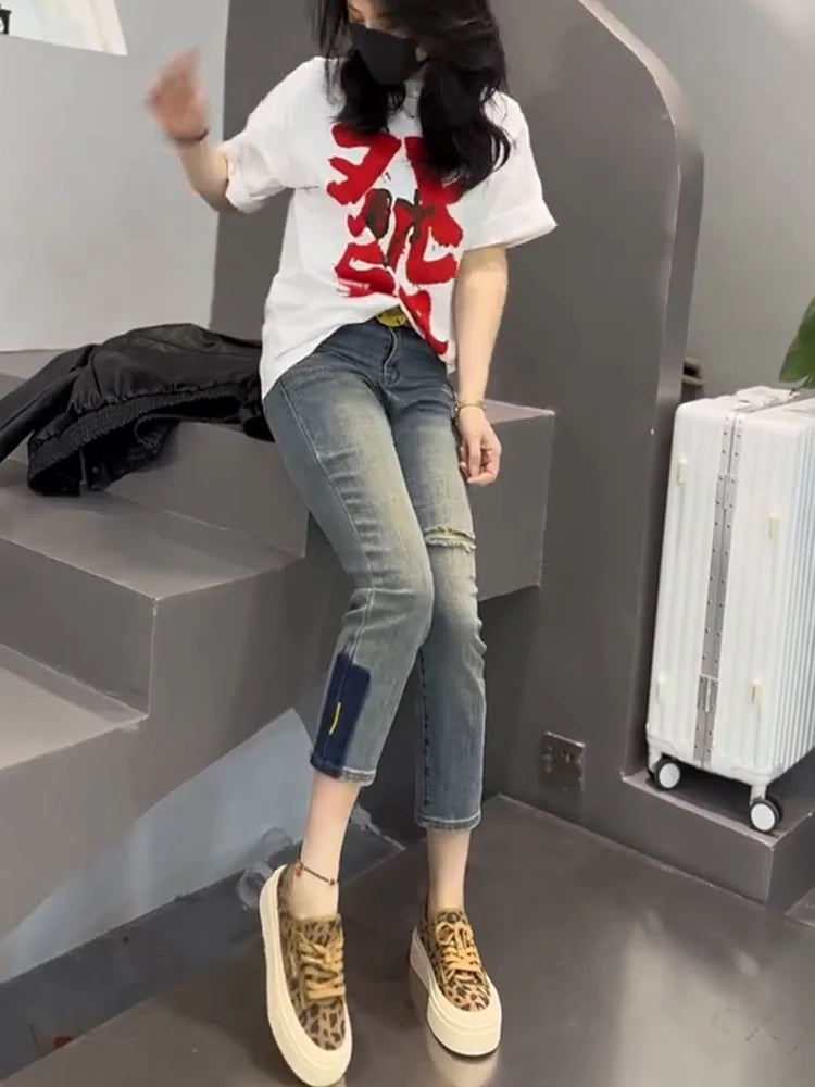 Y2k Pants Style High Waist Elastic Hole Small Feet Jeans Fashionable Raw Hem Bootcut Jeans Y2k Pants Style High Waist Elastic Hole Small Feet Jeans Fashionable Raw Hem Bootcut Jeans