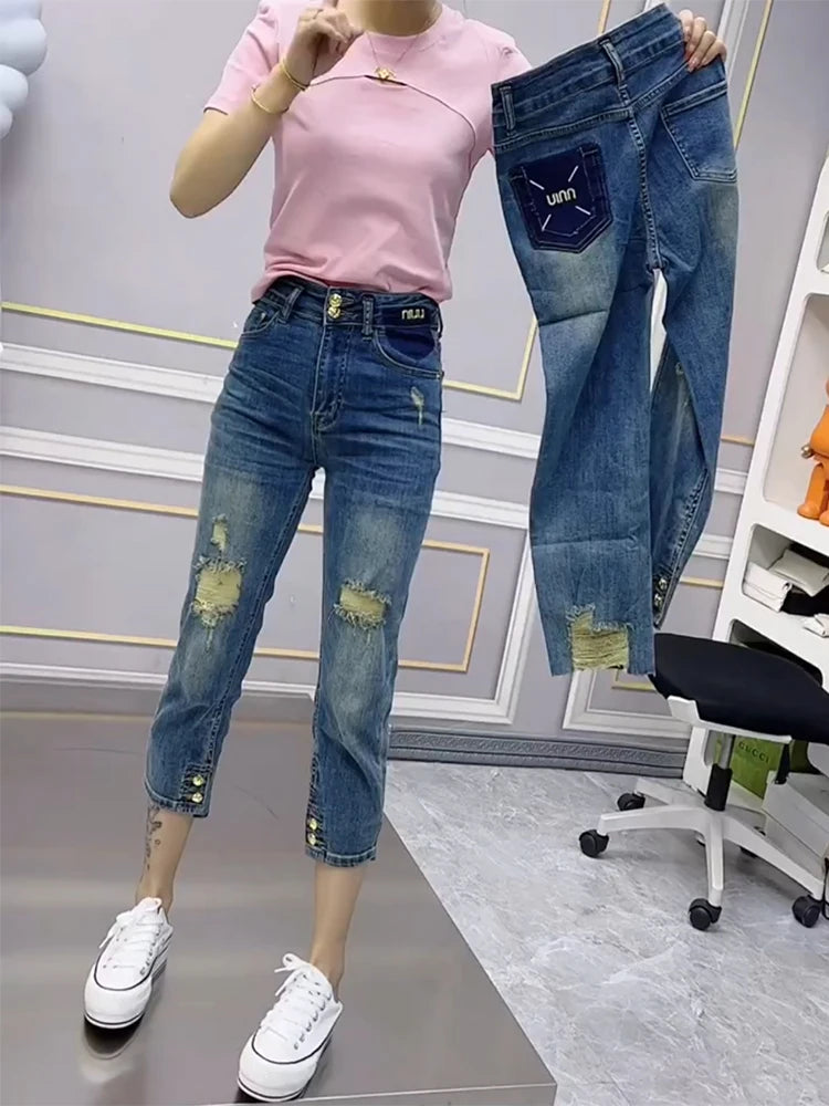 Y2k Plus-size Tencel Seven Quarter Jeans Women's Broken Summer Thin Fat Mm Thin Ice Chic Rip-Detail High-Waist Jeans Y2k Plus-size Tencel Seven Quarter Jeans Women's Broken Summer Thin Fat Mm Thin Ice Chic Rip-Detail High-Waist Jeans