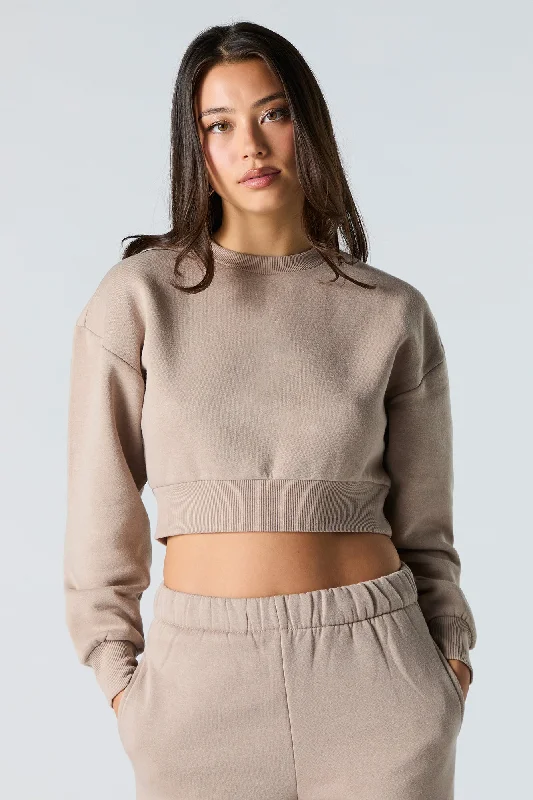 Fleece Cropped Sweatshirt Hoodie with Pocket Utility Practical