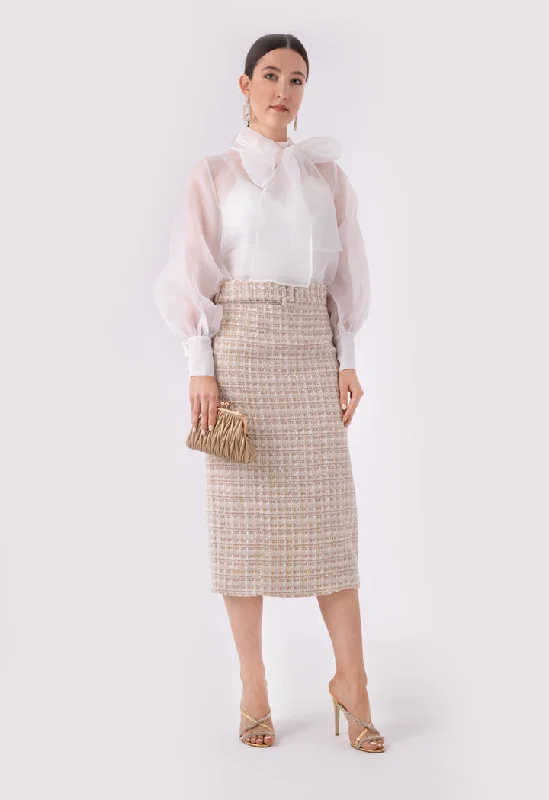 Lurex Tweed Belted Long Skirt denim skirt stylish