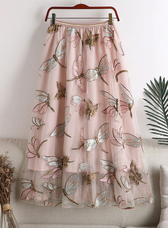DRAGONFLY EMBROIDERED SEQUINS SKIRT chiffon skirt flowing