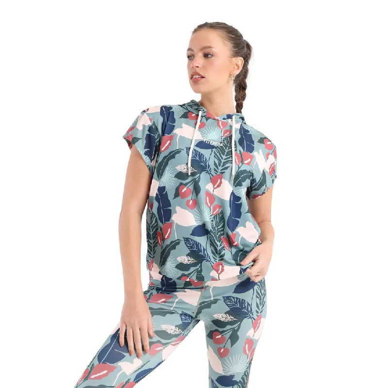 Green palm printed crop hoodie Hoodie with Puffed Sleeves Voluminous Trendy