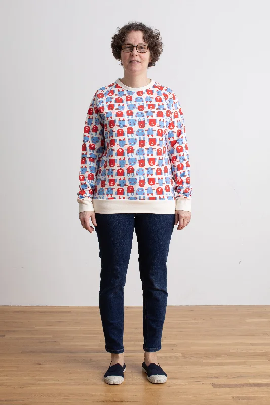 Adult Sweatshirt - Furry Friends Red & Blue Hoodie with Rhinestones Sparkly Elegant
