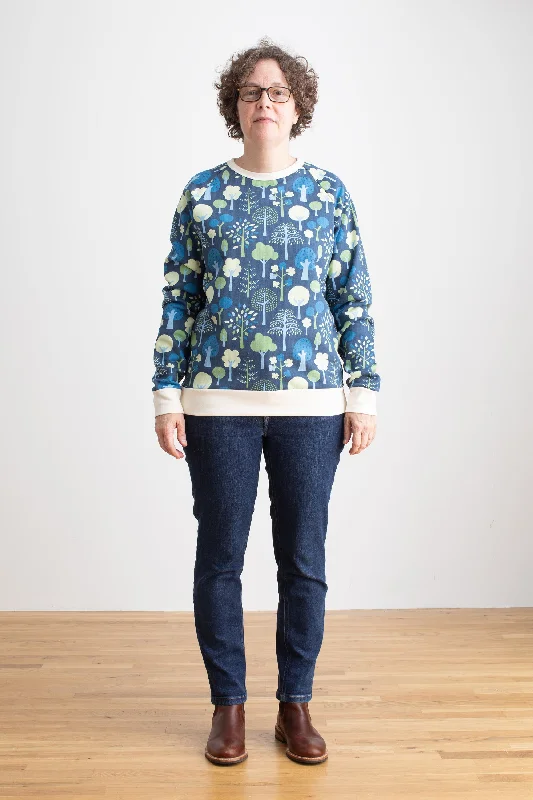 Adult Sweatshirt - Trees Navy Hoodie with Drop Shoulder Relaxed Streetwear