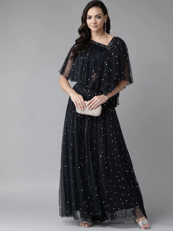 Ahalyaa Navy Blue & Silver Foil Print Layered Top with Skirt velvet skirt glossy