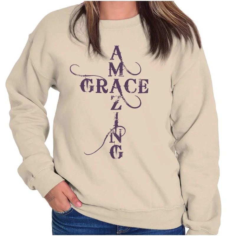 Amazing Grace Script Crewneck Sweatshirt Hoodie with Puffed Sleeves Voluminous Trendy Amazing Grace Script Crewneck Sweatshirt Hoodie with Puffed Sleeves Voluminous Trendy