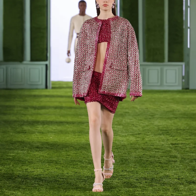 Beaded Tulle Top & Skirt with Oversized Jacket asymmetrical skirt cut