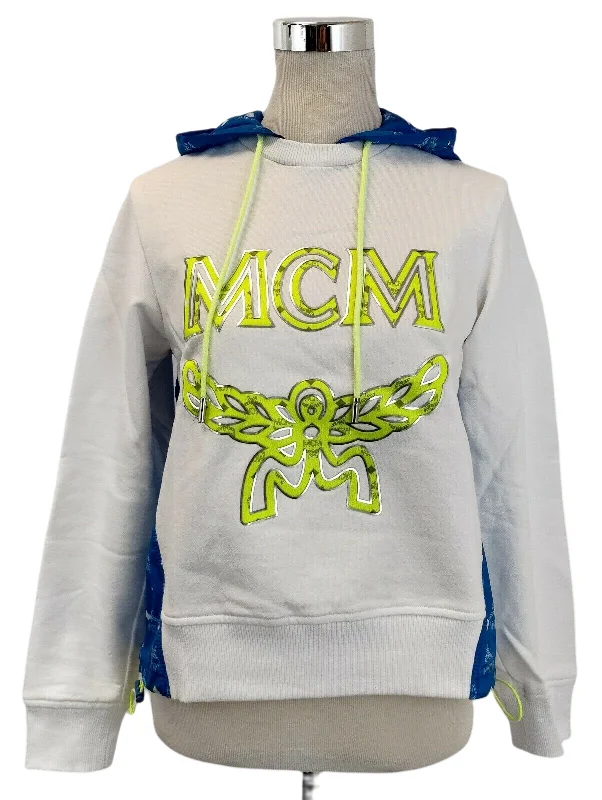 MCM Women's White Cotton Sweatshirt with Nylon Back and Hood MFA9SMM08HI (IT 38) Graphic Hoodie Design Print MCM Women's White Cotton Sweatshirt with Nylon Back and Hood MFA9SMM08HI (IT 38) Graphic Hoodie Design Print