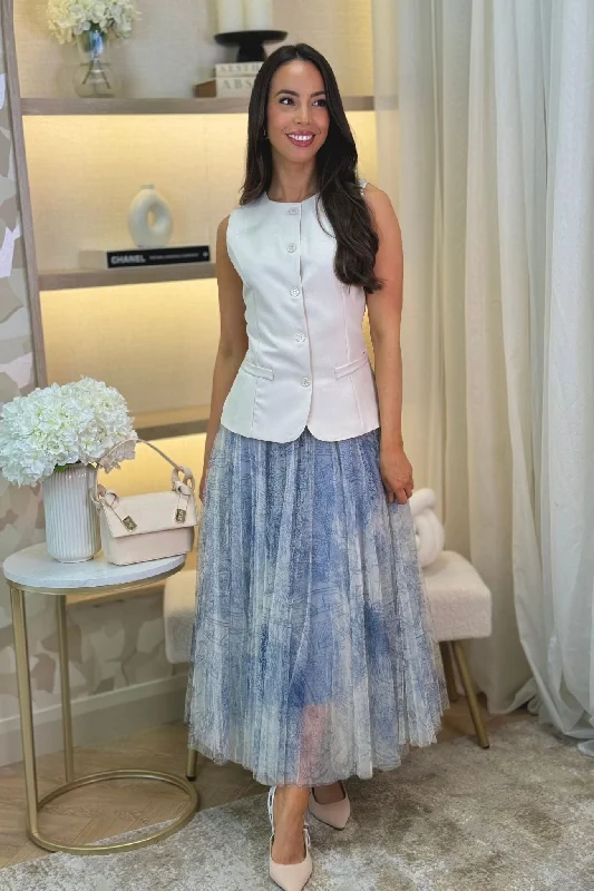 Carolyn Printed Tulle Skirt In Blue Mix leather skirt durable