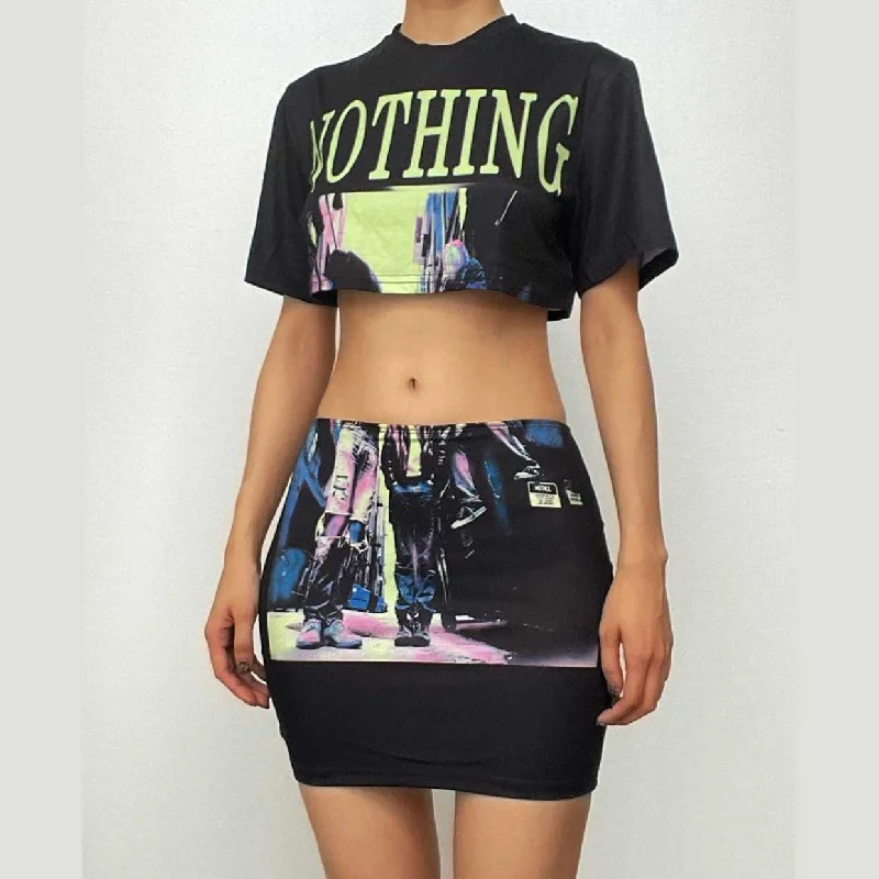 Crewneck short sleeve abstract contrast mini skirt set lace skirt intricate