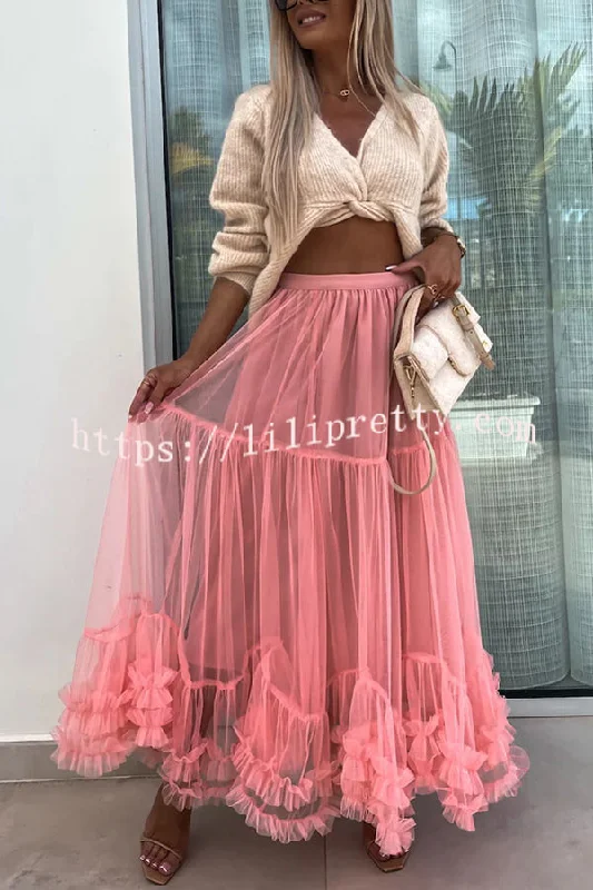 Elegant Tulle Stretch Waist Paneled Pleated Maxi Skirt high slit skirt