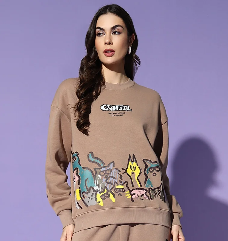 EMOJI CATS Round Neck Oversized Sweatshirt Hoodie with Hem Applique Textured Unique