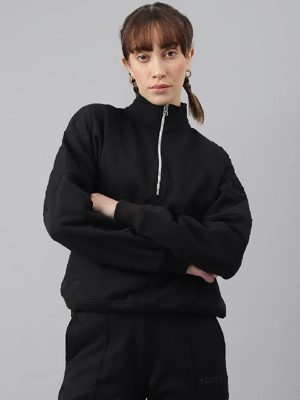 Fitkin Women Black Regular-Fit Fleece Sweatshirt Hoodie with Pattern Geometric Abstract Fitkin Women Black Regular-Fit Fleece Sweatshirt Hoodie with Pattern Geometric Abstract
