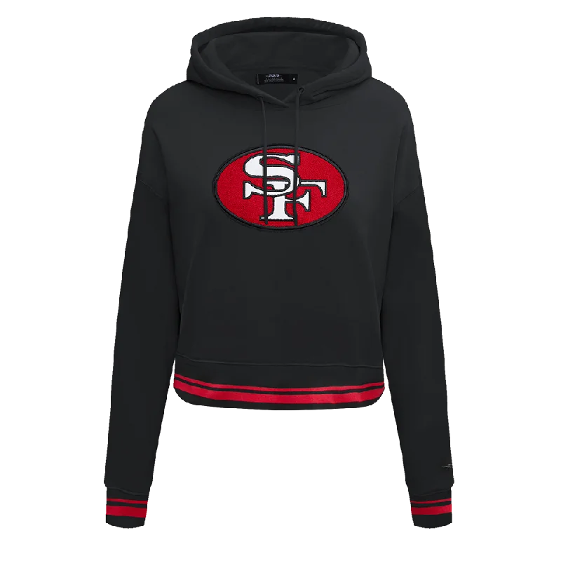 NFL SAN FRANCISCO 49ERS RETRO CLASSIC WOMEN'S CROPPED PO HOODIE (BLACK/RED/BLACK) Hoodie with Belted Waist Structured Tailored NFL SAN FRANCISCO 49ERS RETRO CLASSIC WOMEN'S CROPPED PO HOODIE (BLACK/RED/BLACK) Hoodie with Belted Waist Structured Tailored
