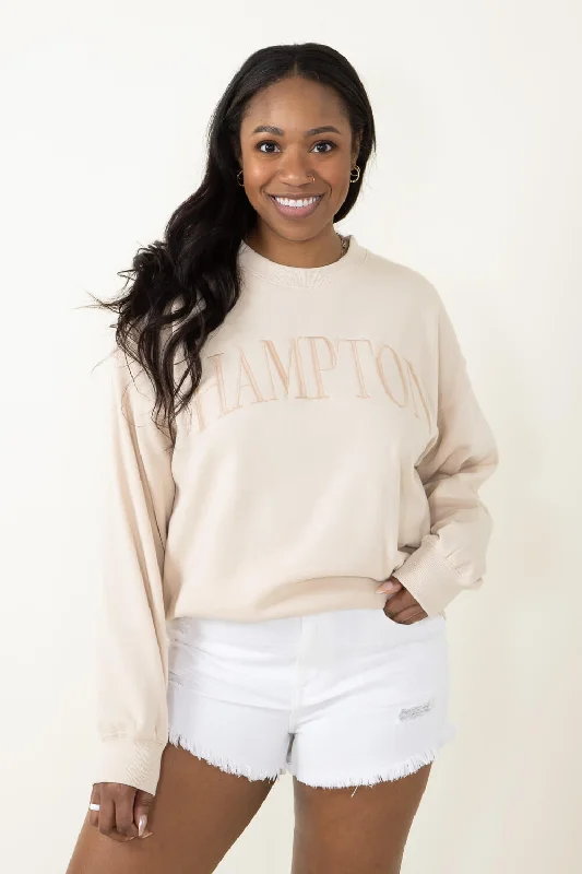 Hampton Embroidered Sweatshirt for Women in Cream | T864-CREAM Hoodie with Cuffed Sleeves Snug Secure Hampton Embroidered Sweatshirt for Women in Cream | T864-CREAM Hoodie with Cuffed Sleeves Snug Secure