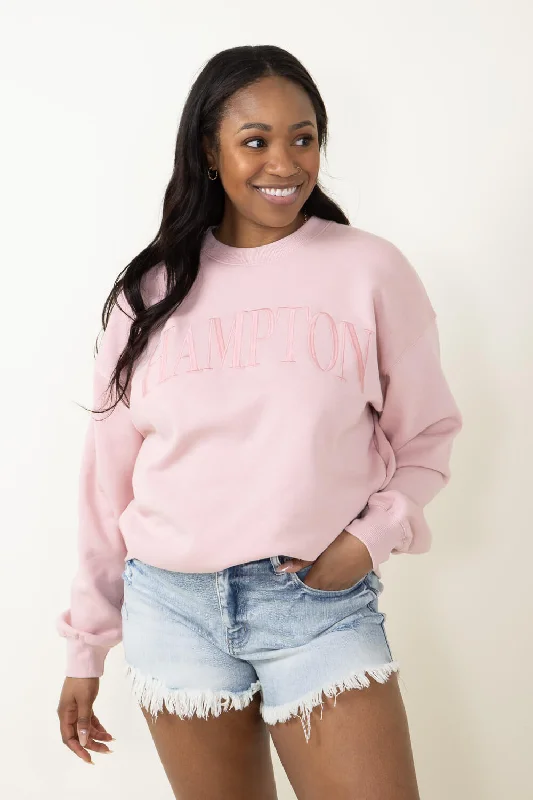 Hampton Embroidered Sweatshirt for Women in Pink | T864-PINK Hoodie with Set-In Sleeves Structured Classic Hampton Embroidered Sweatshirt for Women in Pink | T864-PINK Hoodie with Set-In Sleeves Structured Classic