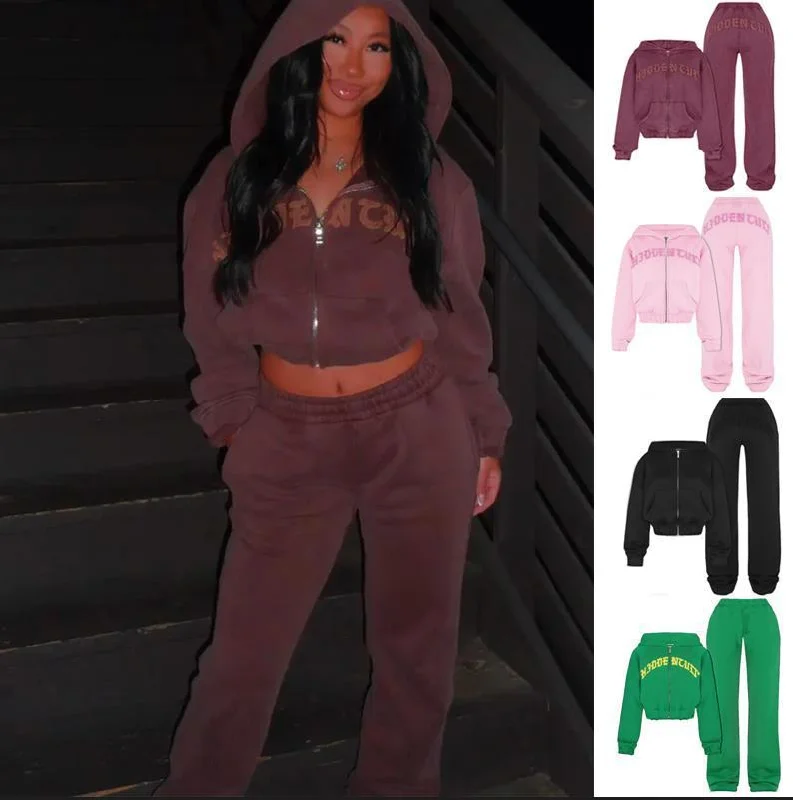 Ins Letter Sports Suit Zip-up Hooded Cropped Sweatshirt Top And Loose Drawstring Trousers Fashion Womens Clothing Hoodie with Bell Sleeves Flared Feminine Ins Letter Sports Suit Zip-up Hooded Cropped Sweatshirt Top And Loose Drawstring Trousers Fashion Womens Clothing Hoodie with Bell Sleeves Flared Feminine