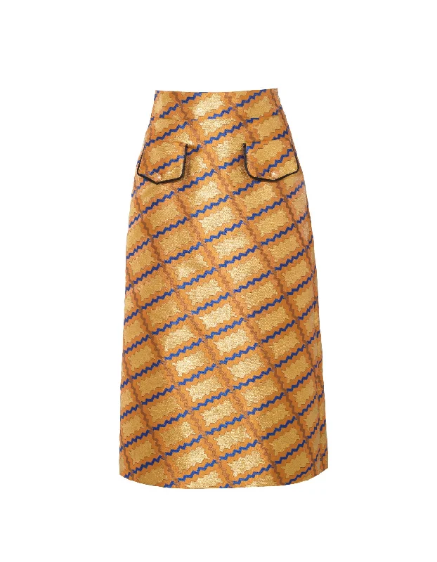 Iona Gold Trench Print Silk Jacquard Midi Skirt lace skirt elegant