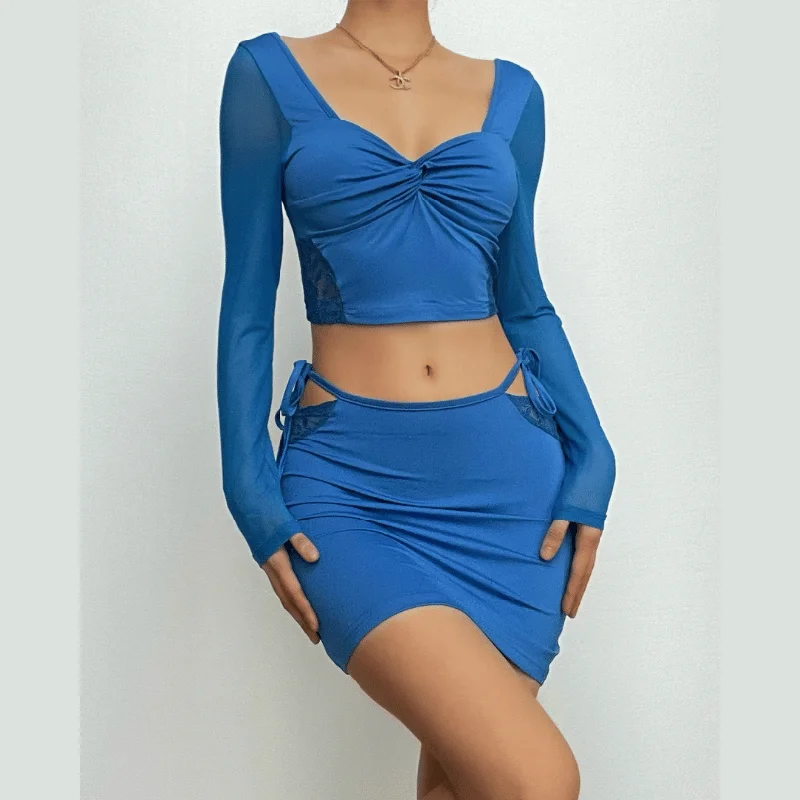 Knotted mesh solid long sleeve lace patchwork self tie mini skirt set wool skirt warm