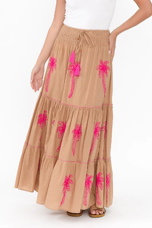 Kostas Brown Embroidered Cotton Skirt lace skirt romantic
