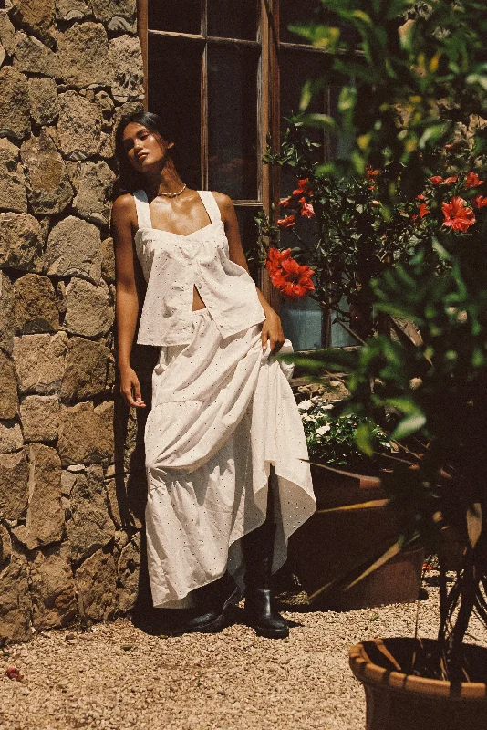 Kristina Maxi Skirt - White Eyelet denim skirt casual