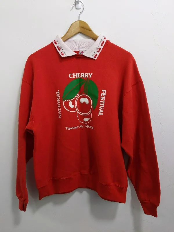 [L] Vintage Cherry Festival Pullover Sweatshirt Cotton Hoodie Fleece Lining Warmth