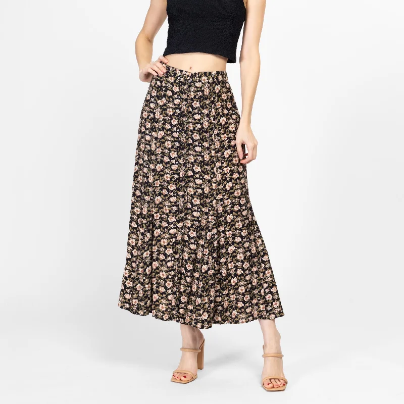 Med-Lrg 90s Black & Pink Floral Trumpet Hem Maxi Skirt linen skirt breathable