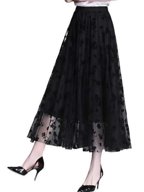 Mesh Floral Skirt For Women 2023 Autumn Winter Lace Flocking Big Swing Elastic High Waisted Fashion Elegant Mujer Party A-Line seamless skirt comfort