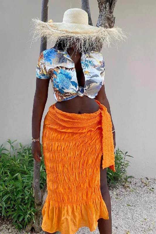Orange Wrap Tie Ruffle Split Midi Skirt linen skirt breathable