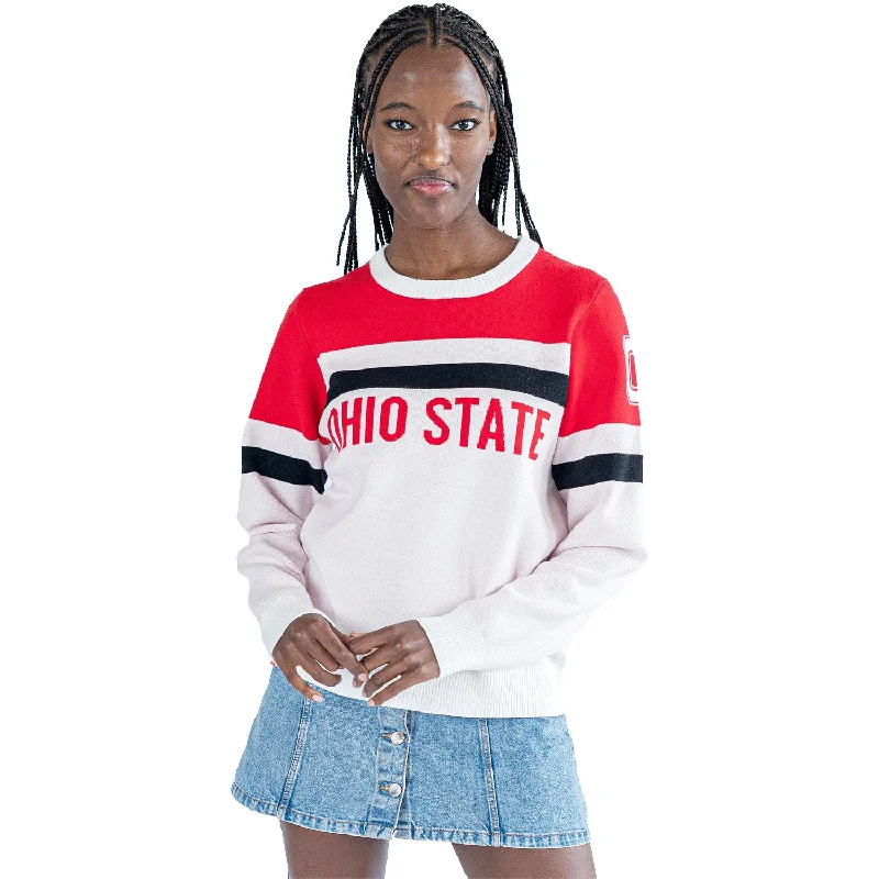 Ladies Ohio State Buckeyes Lusso Jaquard Stripe Crewneck Sweatshirt Zip Hoodie Drawstring Kangaroo Pocket Ladies Ohio State Buckeyes Lusso Jaquard Stripe Crewneck Sweatshirt Zip Hoodie Drawstring Kangaroo Pocket