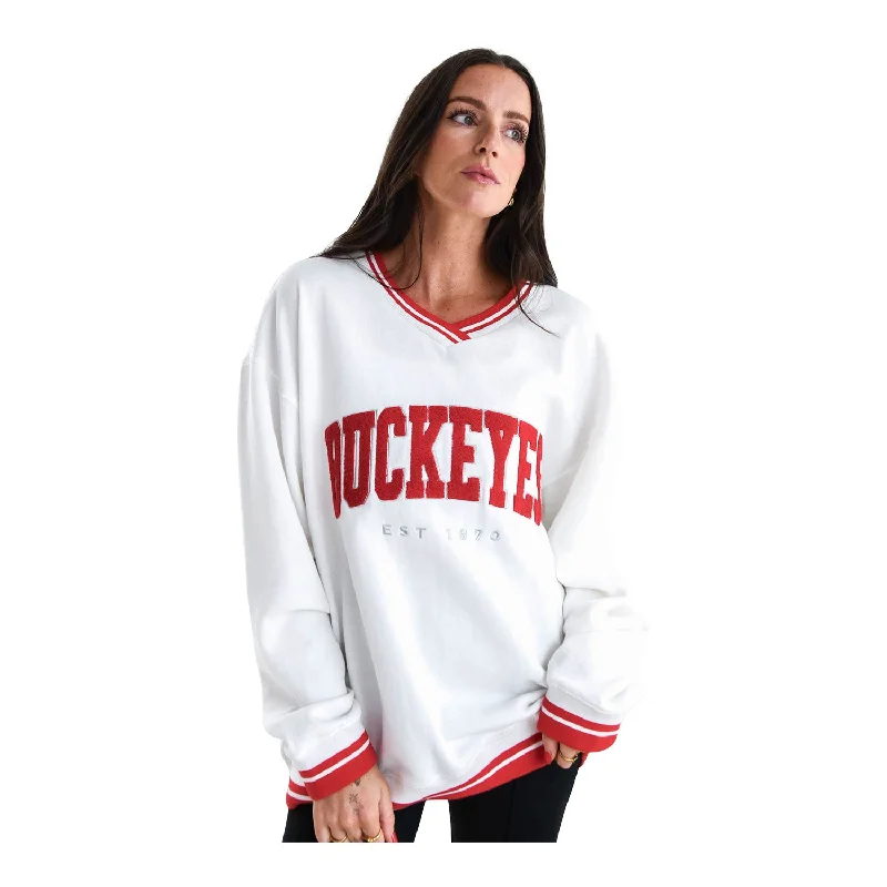 Ladies Ohio State Buckeyes V-Neck Sweatshirt Hoodie with Stripes Bold Sporty