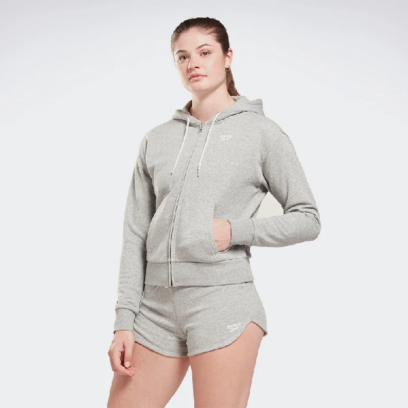 Reebok Identity Small Logo French Terryzip-Up Hoodie Medium Grey Heather Hoodie with Distressed Vintage Worn Reebok Identity Small Logo French Terryzip-Up Hoodie Medium Grey Heather Hoodie with Distressed Vintage Worn