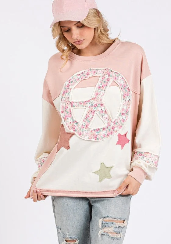 SAGE + FIG Peace & Star Patch Contrast Round Neck Sweatshirt Hoodie Sweatshirt Pullover