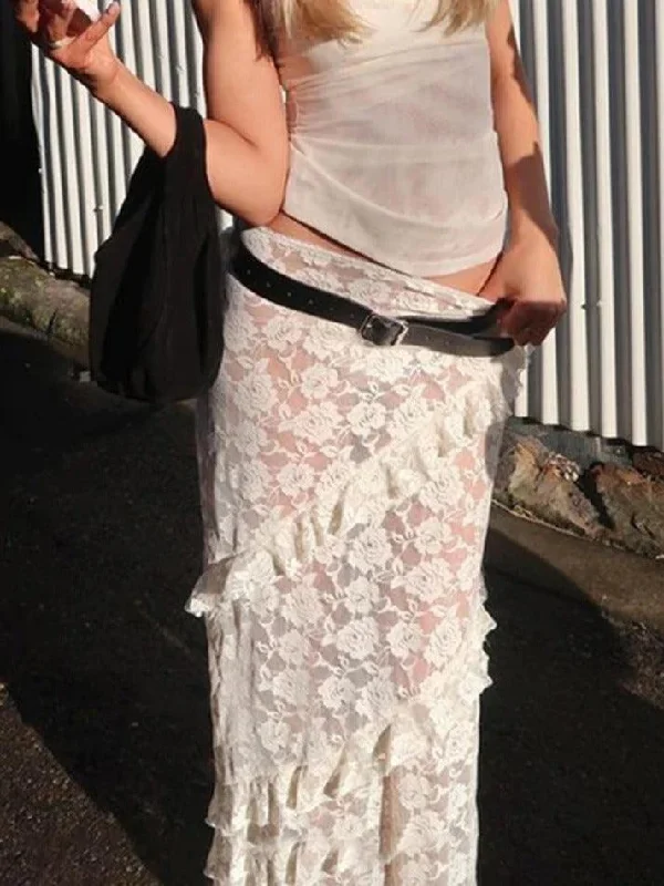 See Through Lace Midi Skirt chiffon skirt flowing