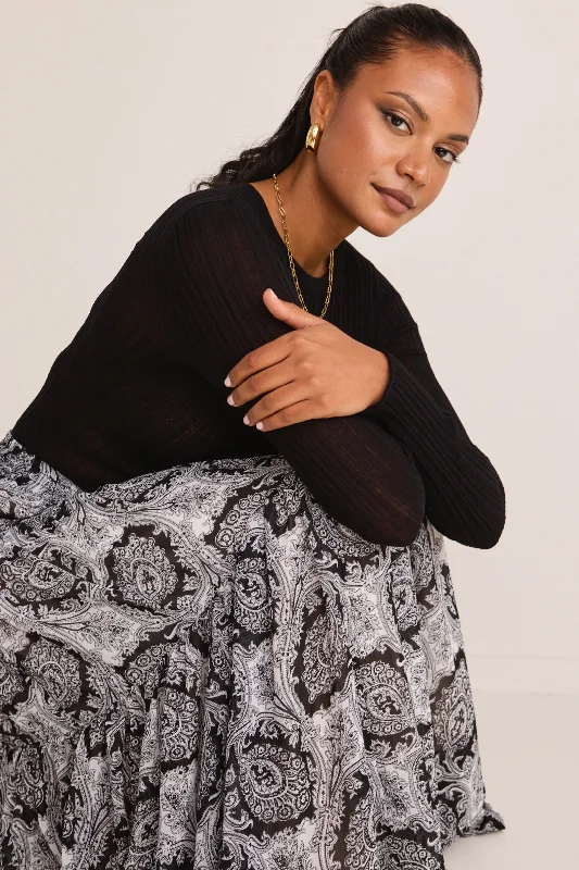 Sensational Black Paisley Tiered Drawstring Maxi Skirt tiered skirt playful
